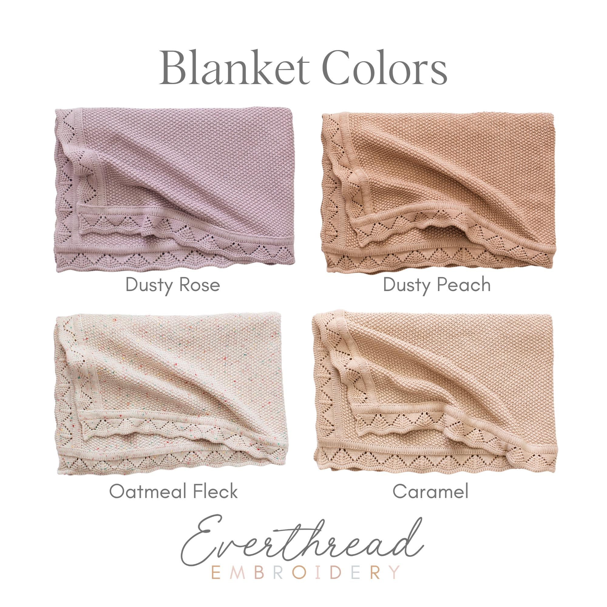 four different colors of blankets with the names of them