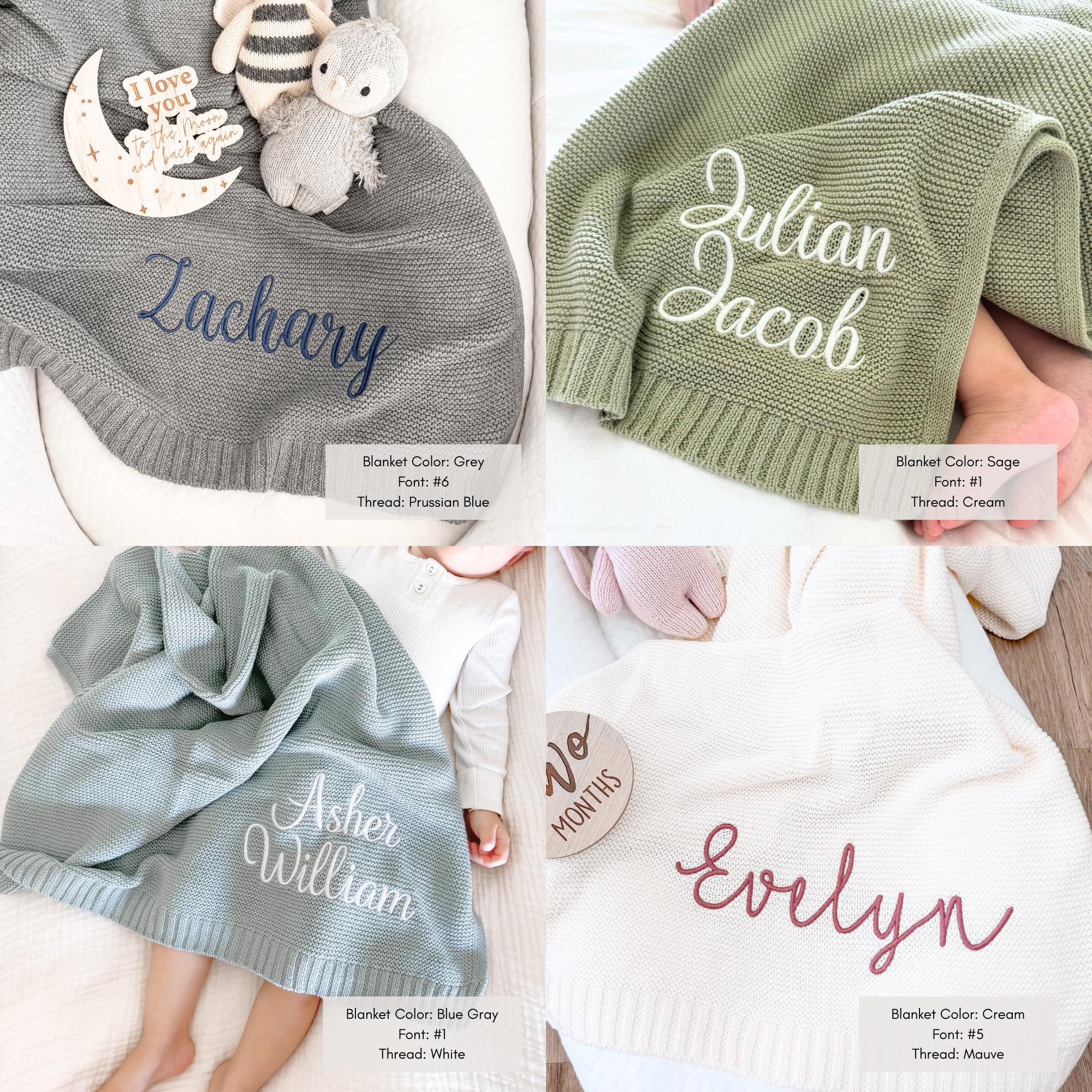 a group of baby blankets with names on them